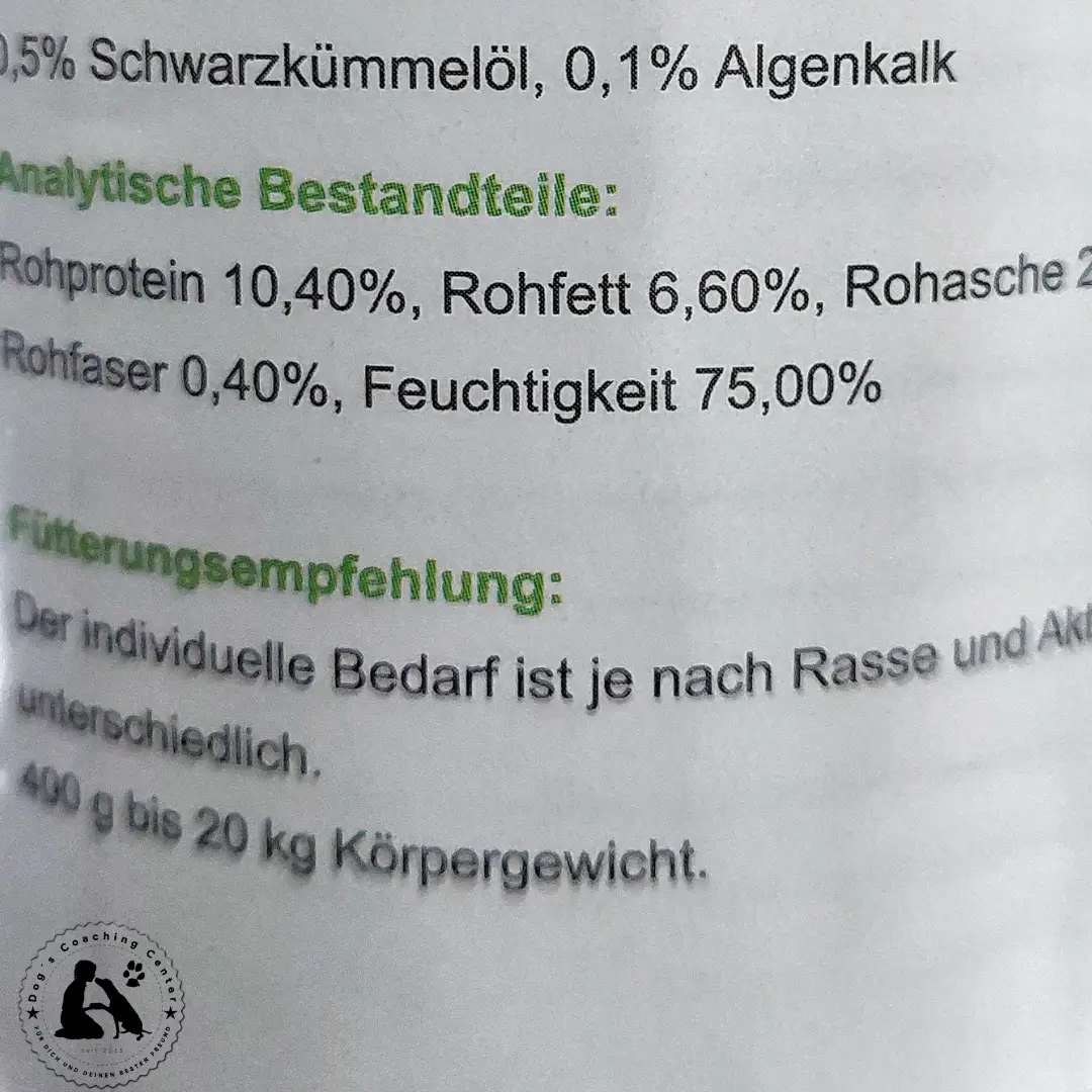 Auftstellung von Inhaltsstoffen einer Verpackung, wie z.B. Schwarkümmelöl, Algenkalk, Rohprotein, Rohfett und vieles mehr