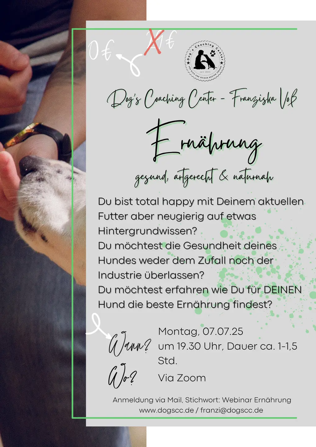 Hintergrundbild mit Franzi und Hund, darauf grauer Flyer mit viel Text zum Webinar zum Thema Ernährung und dem Termin