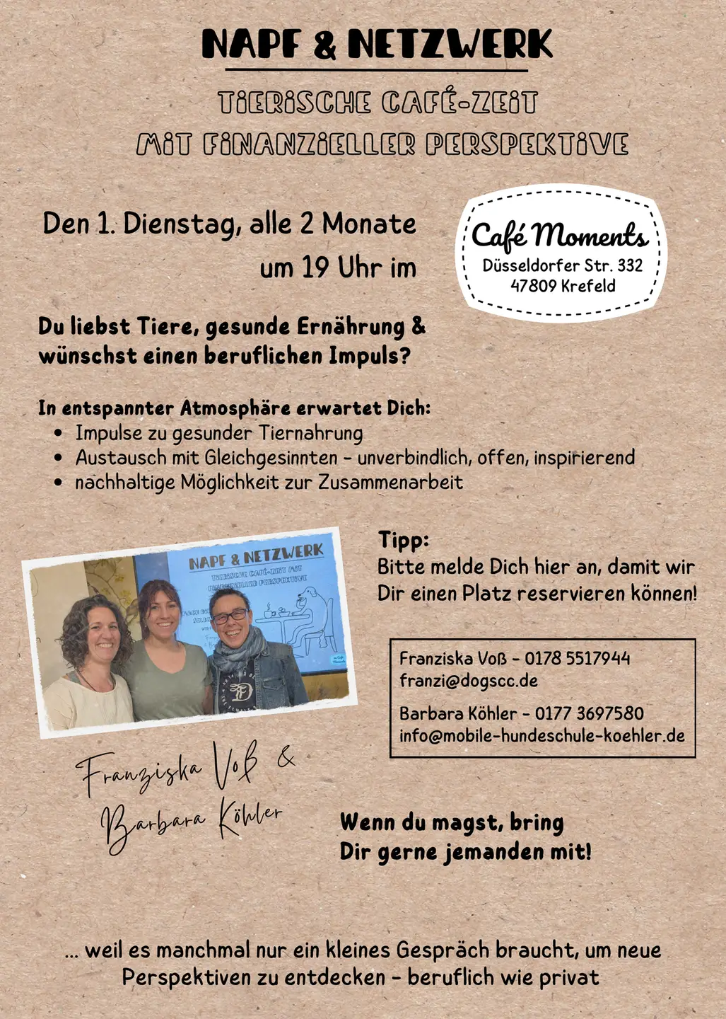 sandfarbener Hintergrund, Name der Veranstaltung, sowie die Zeit und der Ort, darunter Infos zum Inhalt, ein Foto der Veranstalter, Kontaktdaten und nette Worte