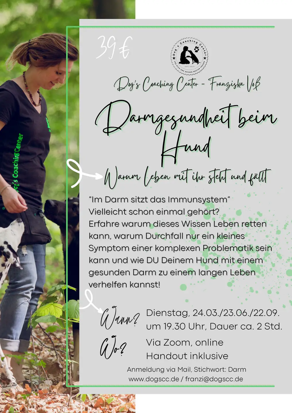 Hintergrundbild mit Franzi und Hund, darauf grauer Flyer mit viel Text zum Webinar zum Thema Darmgesundheit beim Hund und dem Termin